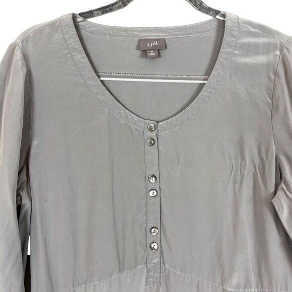 J JILL 100% Silk Tunic Top Dress Button Front Long Sleeve Pockets Round Neck, M - Picture 2 of 14